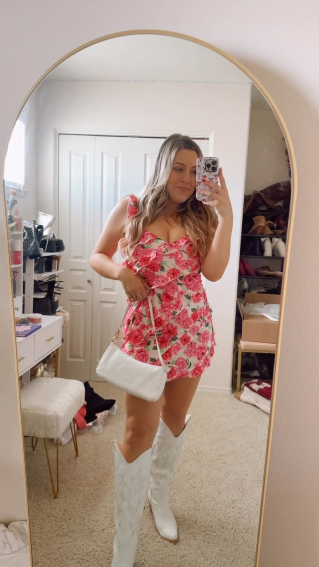 White cowboy boots
Pink and white floral ruffle mini dress brunch dress
Spring mini dresss

#LTKSpringSale #LTKSaleAlert #LTKParties