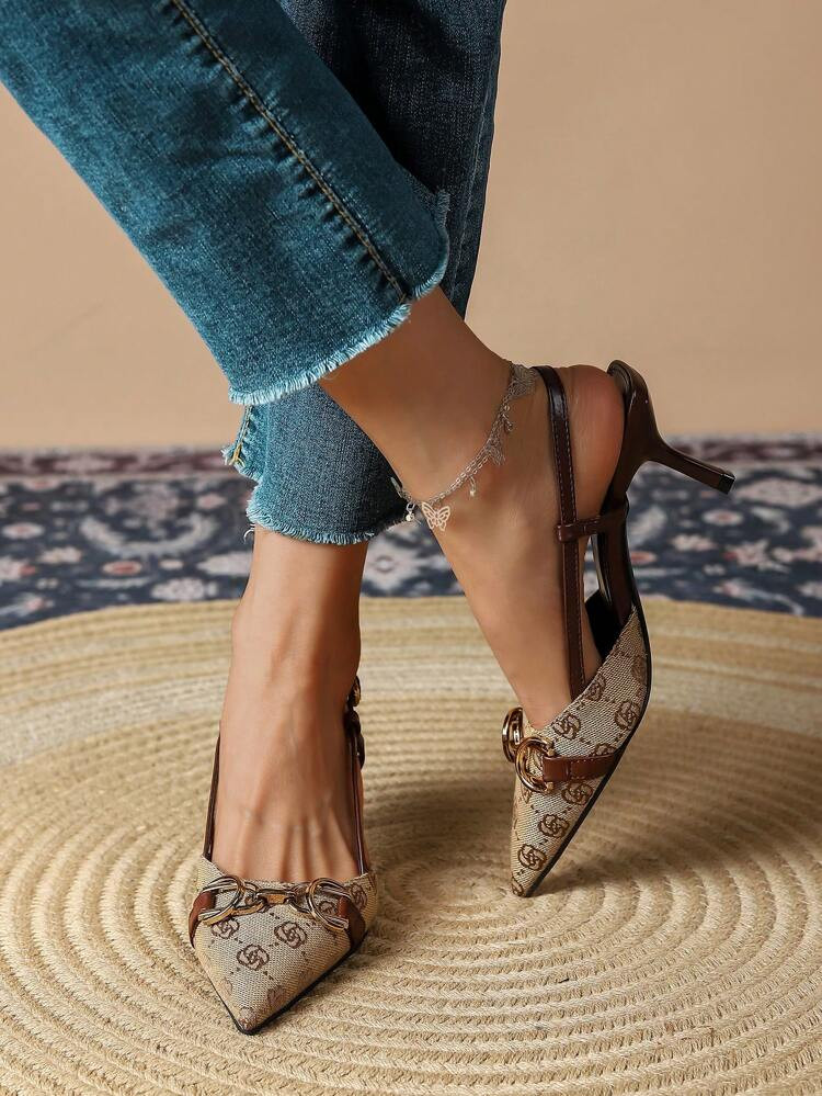 Women's High Heeled Pointed Toe Shoes With Buckle, Retro Vintage Floral Embroidery And Back Strap... | SHEIN