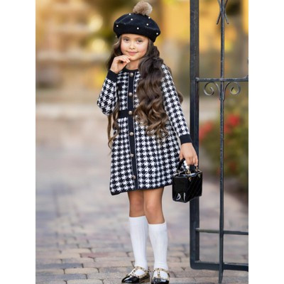 Elegant Houndstooth Gold Trim Button Knit Dress Mia Belle Girls, Black, 4T-5T | Target