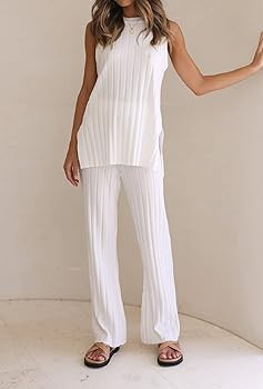 NUFIWI Women Summer Knit 2 Piece Pants Set Sleeveless Split Tank Top and High Waist Wide Leg Pant... | Amazon (US)