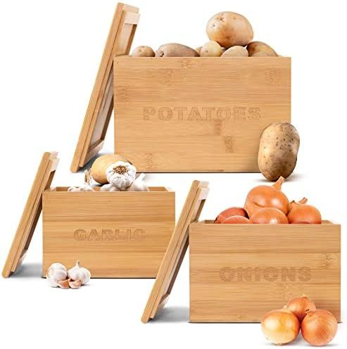 LandHome Onion and Potato Storage Bamboo Vegetable Bins (3 Pcs) Stackable, Engraved Garlic Contai... | Amazon (US)