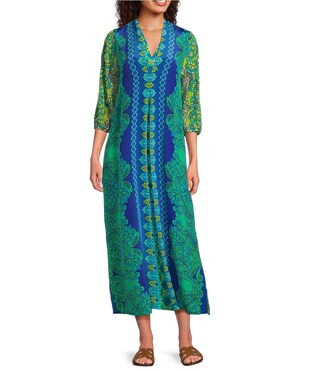 Kahinu Silk Ornate Print V-Neck 3/4 Sleeve Maxi Caftan Dress | Dillard's
