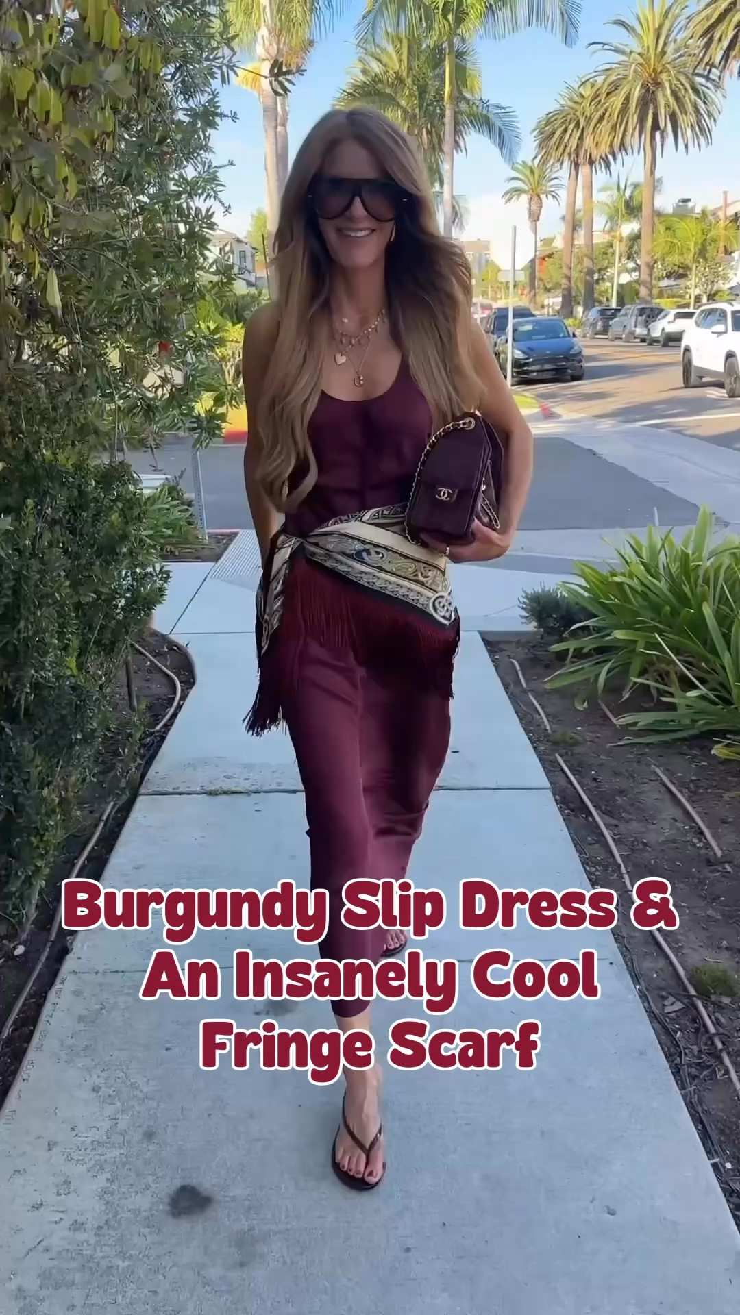 Fall outfit burgundy slip dress with fringey scarf as a belt- wearing xs in the dress & linked my exact scarf (ladouble j) and similar less $ options too!

#LTKNYFW #LTKootd #LTKgrwm