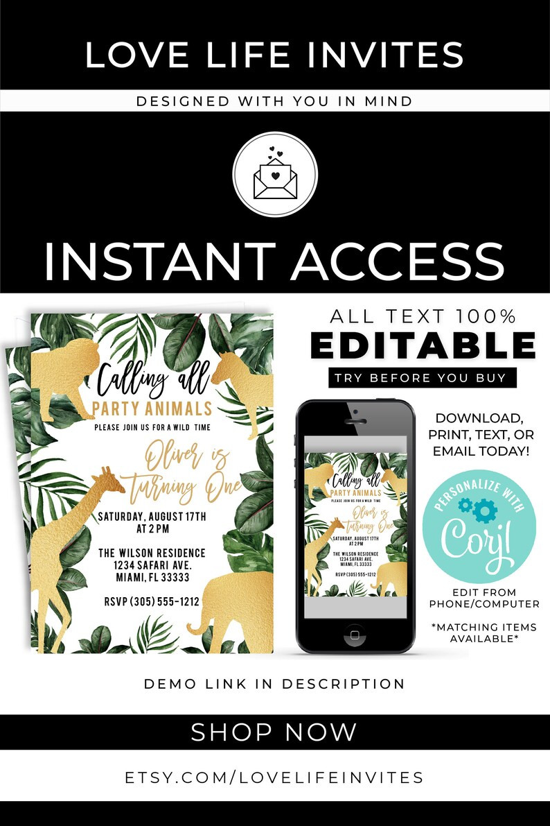 Safari Birthday Invitation, Editable Jungle Birthday Invite, Gold Safari Party Instant Download P... | Etsy (US)