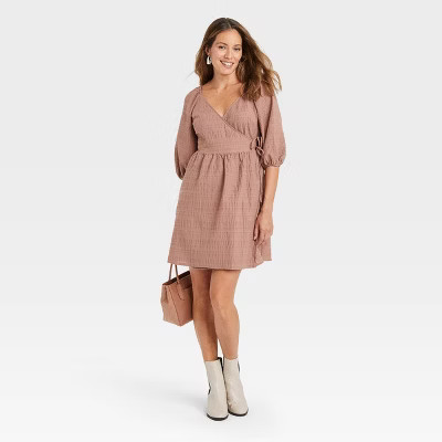 Women's Balloon Elbow Sleeve Tie Waist Wrap Dress - A New Day™ | Target