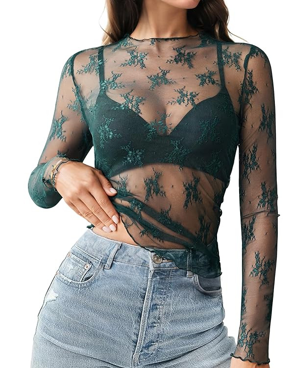 HOTOUCH Women's Mesh Sheer Tops Long Sleeve Layering Top Mock Neck See Through Floral Lace Shirt ... | Amazon (US)