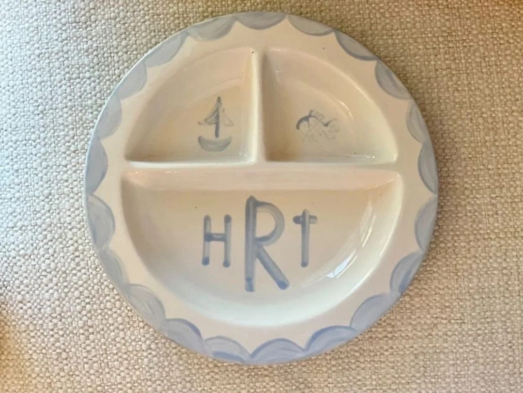 Ceramic monogram baby plate // blue and white  // first birthday // pink and white // divided pla... | Etsy (US)