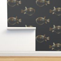 Gold Fish Wallpaper - Puffer Gray Blowfish Large By Mlags Custom Printed Removable Self Adhesive Roll By Spoonflower | Etsy (US)