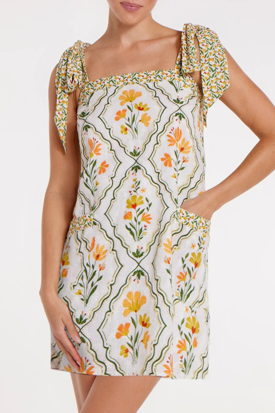 Hillary Bow Tie Mini Dress in Tile Floral | Hermoza