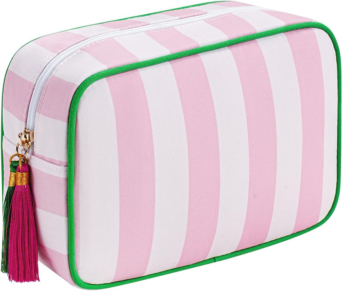 Large Stripe Canvas Zipper Makeup Bag,Aesthetic Tassel Travel Cosmetic Bag,Coquette Toiletry Bag,... | Amazon (US)