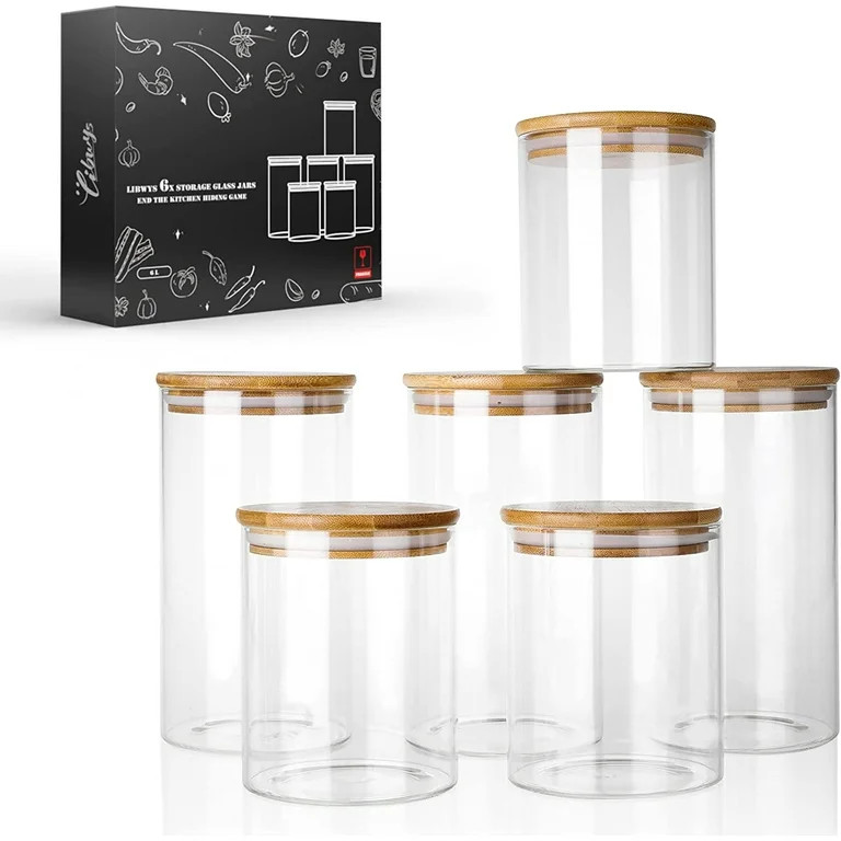 Set of 6 Storage Jars with Lids, 2 Sizes: 800 ml, 1200 ml Kitchen Airtight Storage Jars with Bamb... | Walmart (US)