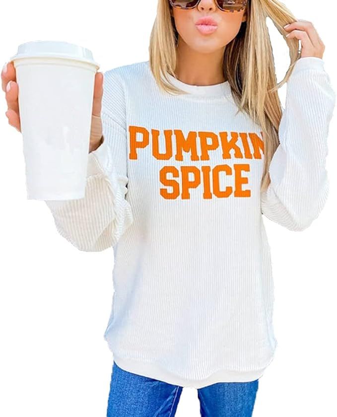 Women’s Halloween Pumpkin Spice Girl Graphic Corduroy Sweatshirt Long Sleeve Crewneck Sweaters ... | Amazon (US)