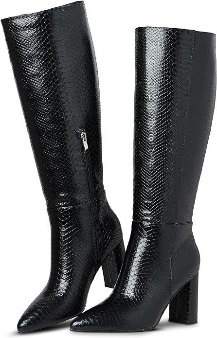 LinnOaks Womens Knee High Boots Round Toe Snake Skin Boots Chunky High Heel Crocodile Slip On Fas... | Amazon (US)