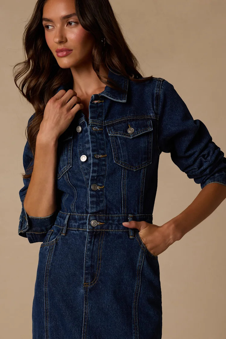 Alarie Dark Wash Denim Long Sleeve Midi Dress | Lulus