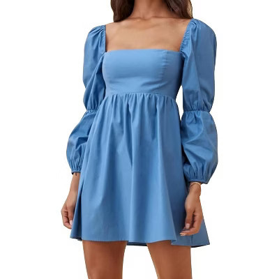 EXLURA Womens Square Neck Dress Long Puff Sleeve A-Line Casual Short Mini Dresses, Blue-XS | Target