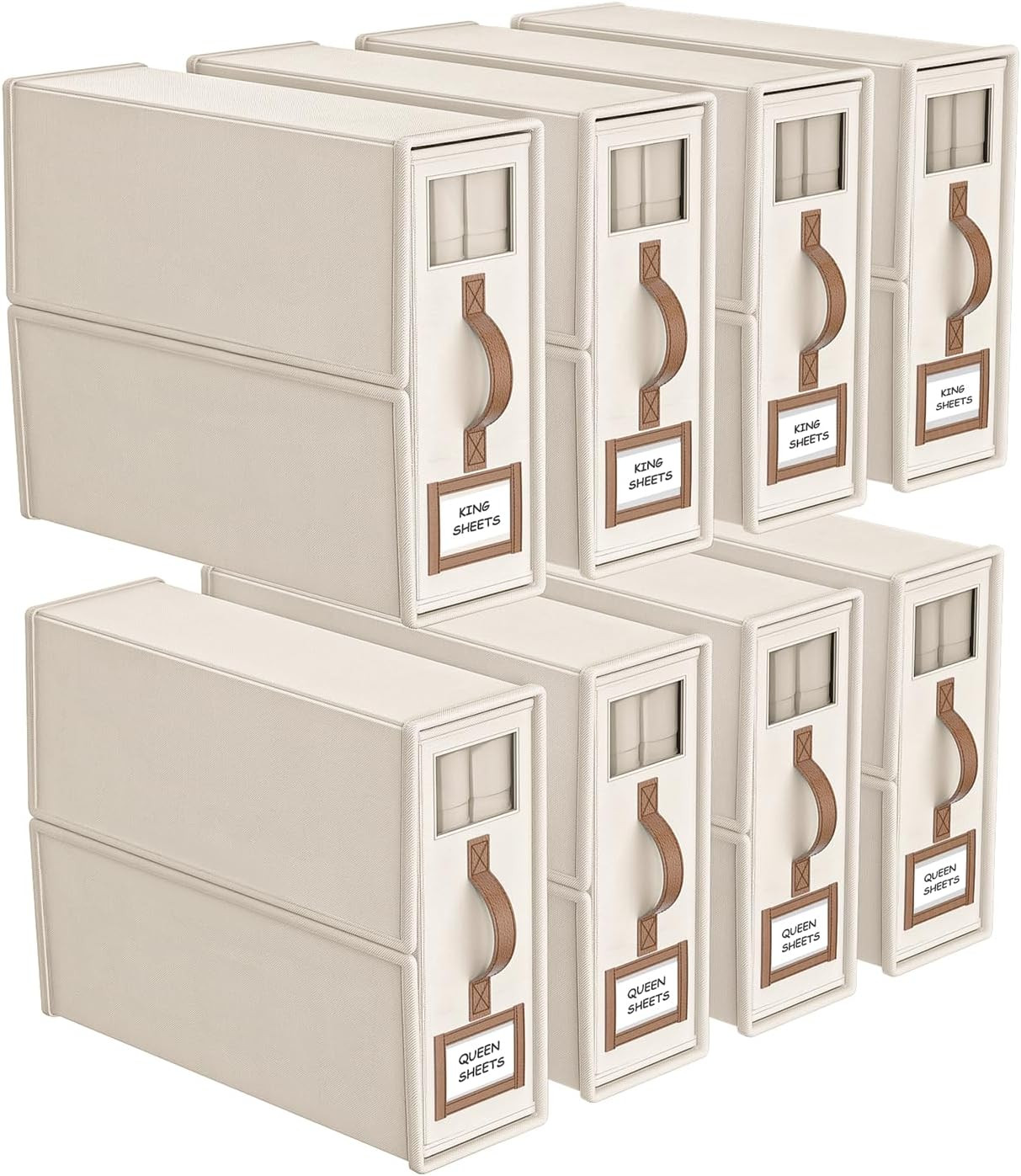 8 Pack Foldable Bed Sheets Set Organizers and Storage(King & Queen Size),Linen Fabric Closet Organizers with Window,Folding Bedding Storage Box for Bedsheets and Pillow Cube Organizer-Beige | Amazon (US)