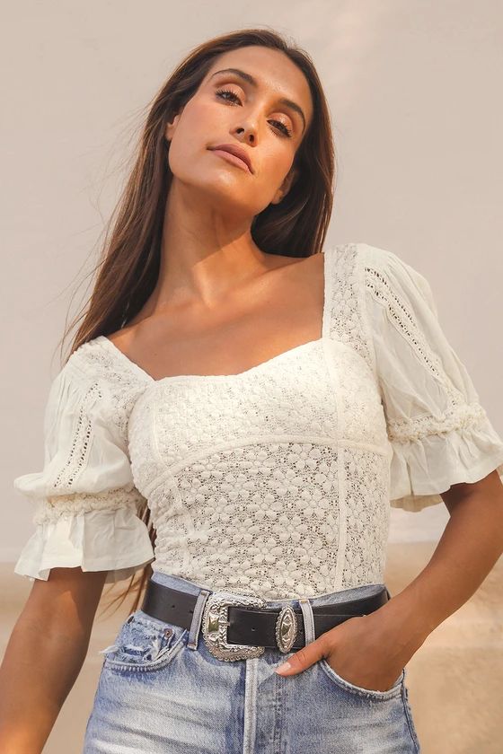 Spring Fling Ivory Lace Puff Sleeve Top | Lulus (US)