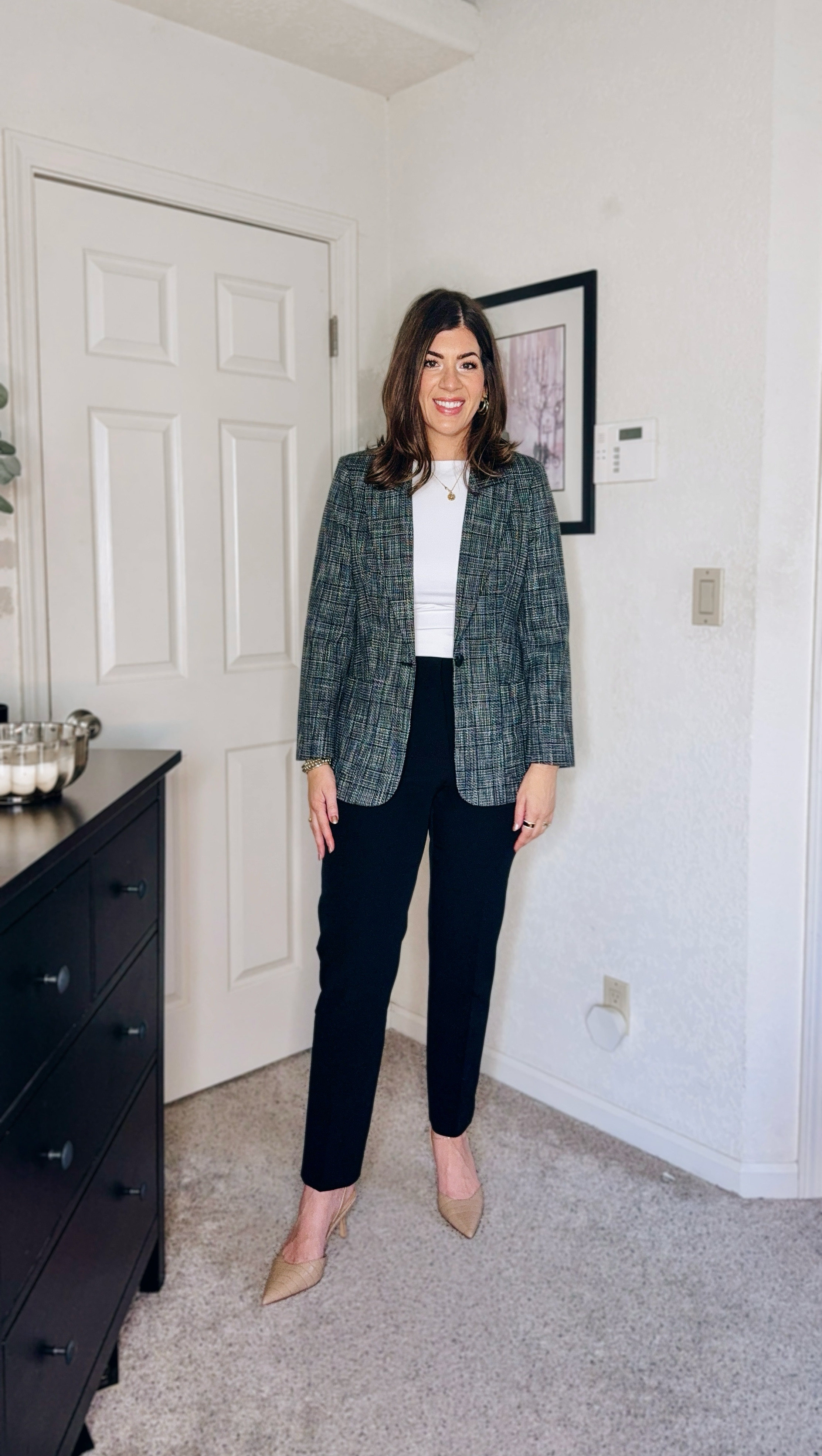 In a medium high neck tank, medium blazer, and 8 long in the straight trouser 

#LTKFindsUnder100 #LTKMidsize #LTKWorkwear
