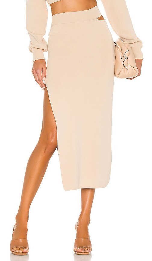 Michael Costello x REVOLVE Cut Out Knit Midi Skirt in Beige. - size S | Revolve Clothing (Global)