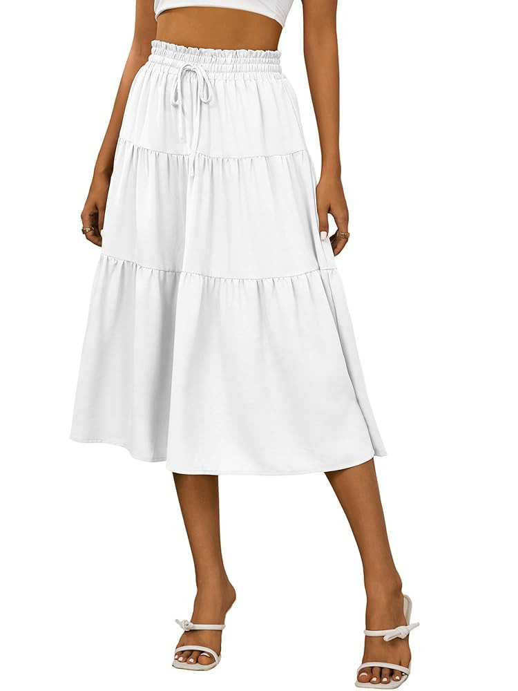 Anbech Women's Midi Skirt Elastic High Waisted Summer Pleated Beach Casual Skirts | Amazon (US)