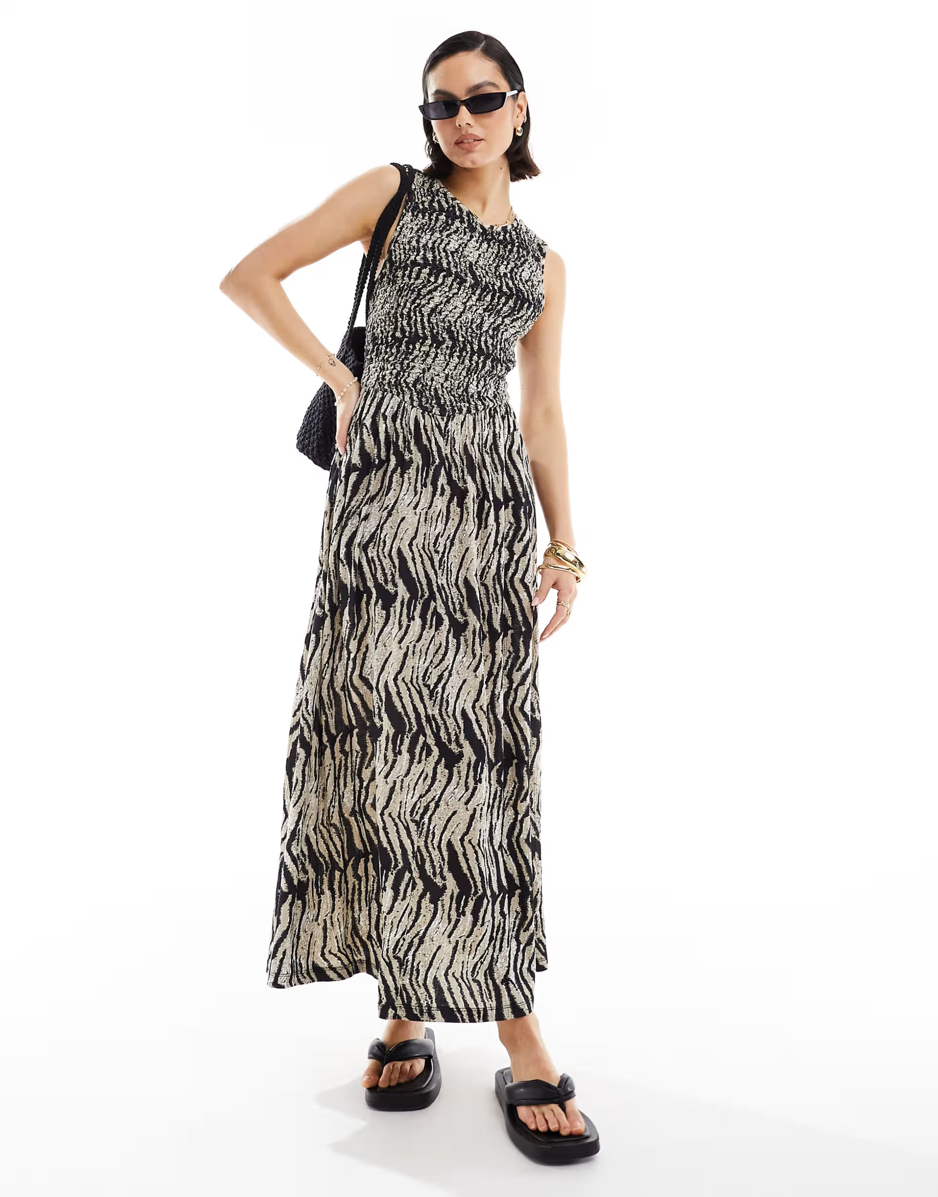 ASOS DESIGN crinkle shirred bodice maxi dress with open back in animal print | ASOS (Global)