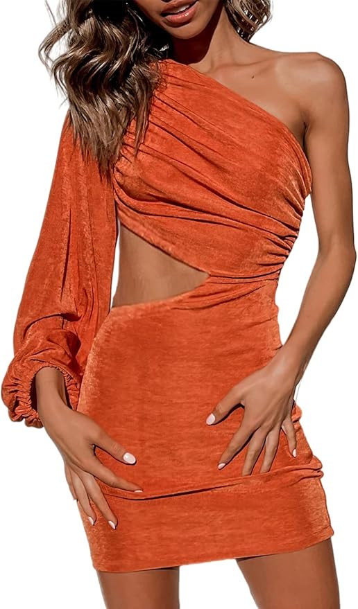 Glamaker Women's One Shoulder Velvet Bodycon Dress Sexy Cut Out Club Cocktail Wedding Mini Dress | Amazon (US)