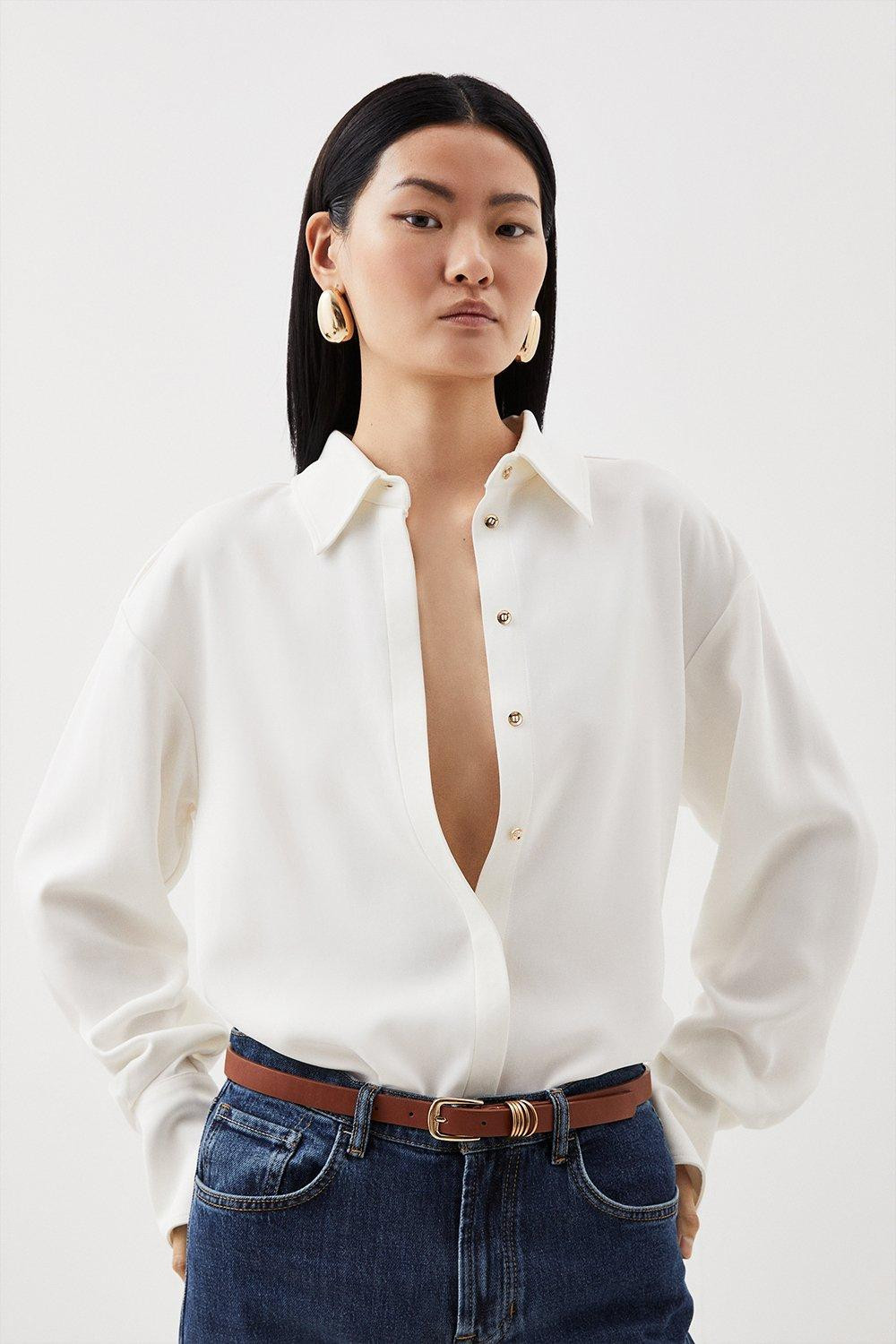 Petite Viscose Crepe Long Sleeve Collared Shirt | Karen Millen UK + IE + DE + NL