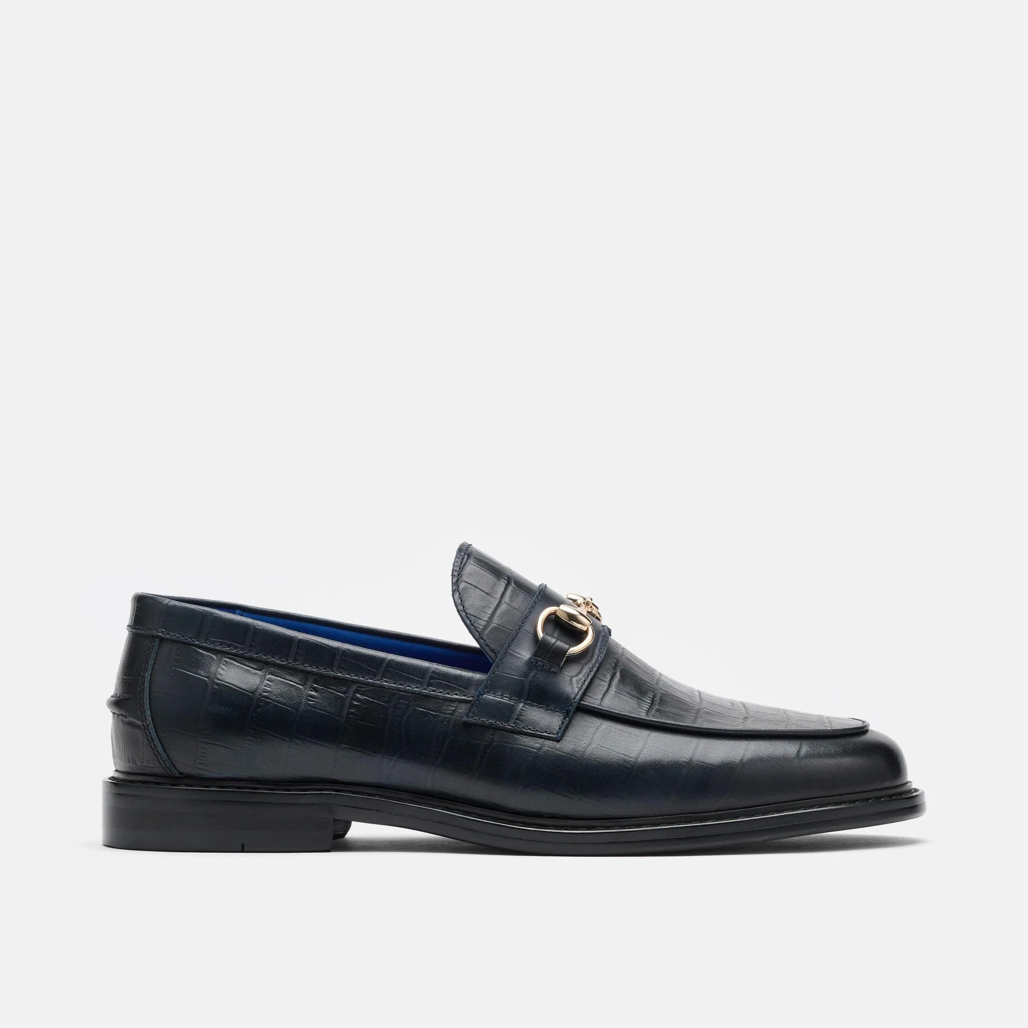 Boardwalk Navy Croc Leather Horse-Bit Loafers | Marc Nolan