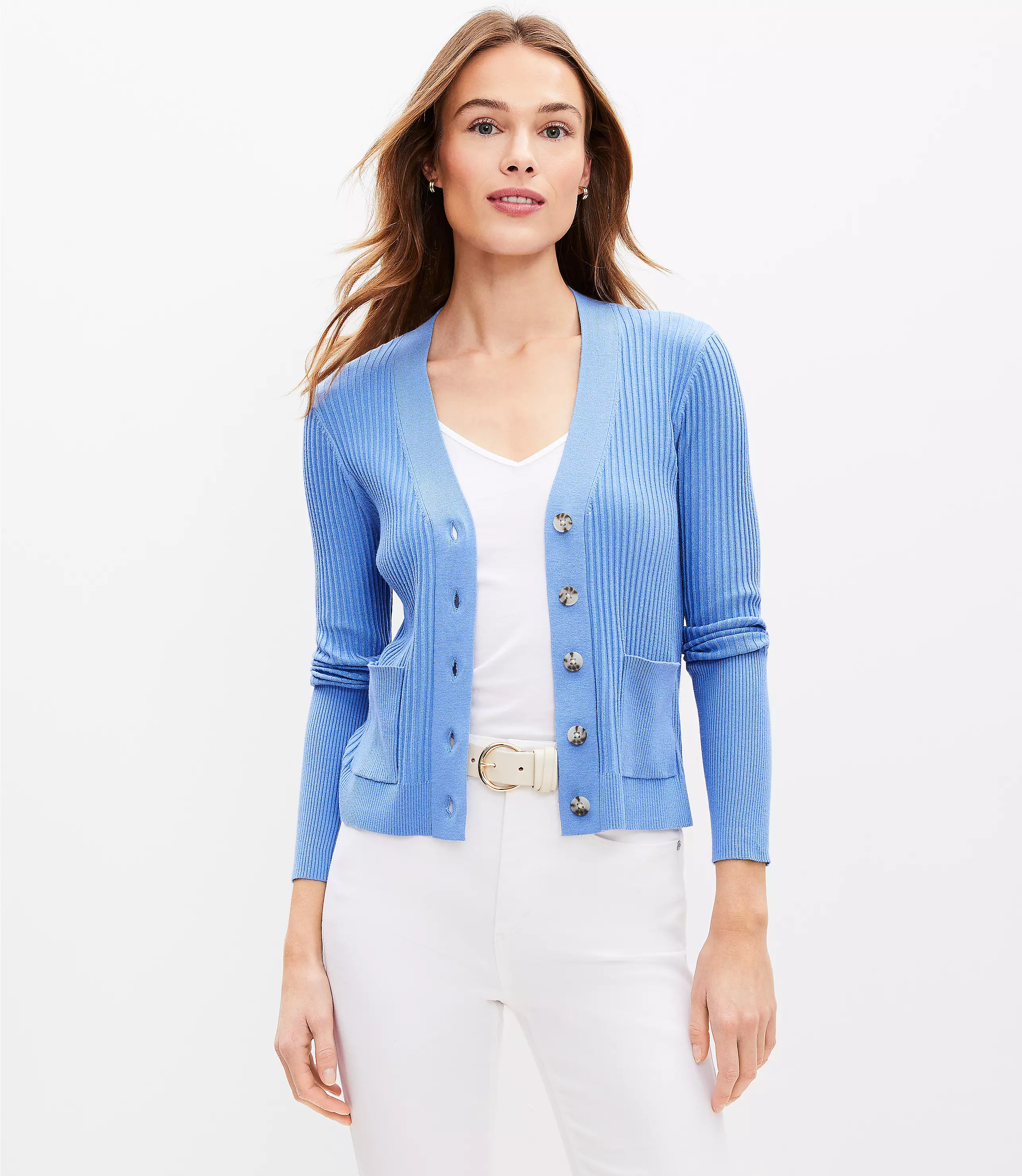 Mixed Ribbed Pocket V-Neck Cardigan | LOFT