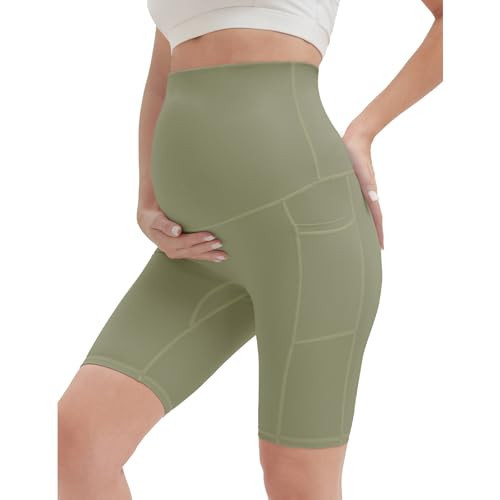 MAZUSPORTS Women's Maternity Yoga Shorts Over The Belly Pregnancy Workout Biker Under Dress Maternity Shorts with Pockets 8" Matcha, XS | Amazon (US)