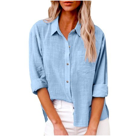 LMKIHUSA Womens Button Down Shirts Cotton Linen Tops for Women Trendy Solid Color V Neck Roll Up Long Sleeve Blouses Loose Collared Shirt Casual Work Tees Light Blue S | Walmart (US)