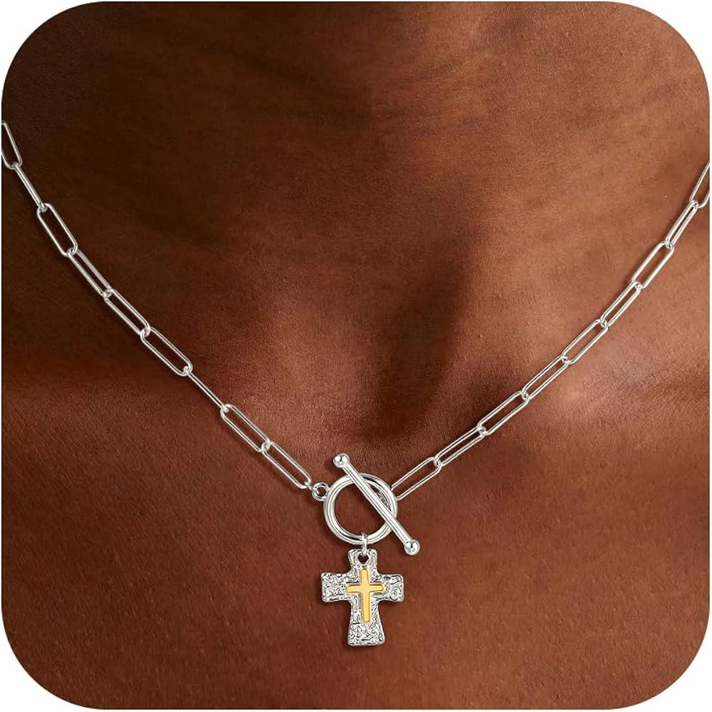 Cross Necklace for Women Trendy -14K Gold Plated Chunky Gold Silver Cross Pendant Necklace Waterp... | Amazon (US)