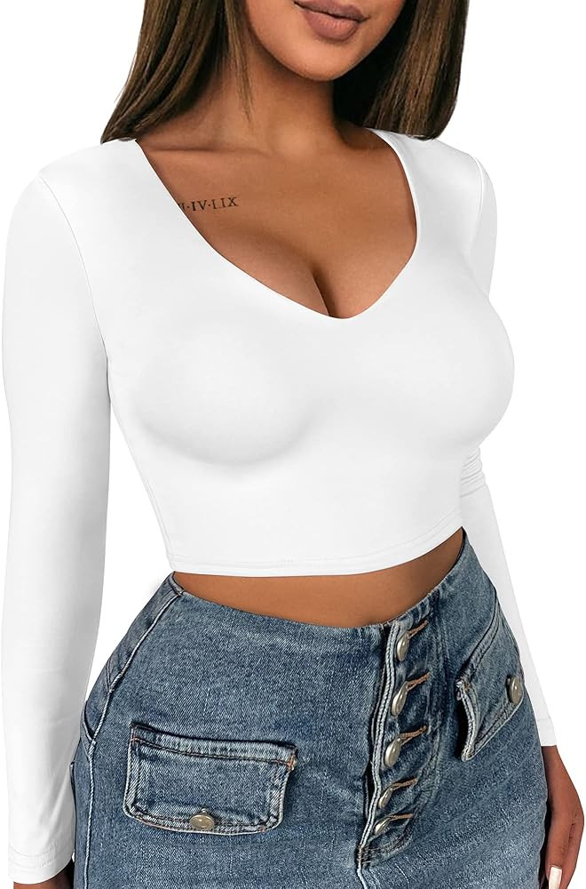 XXTAXN Women's Sexy Bodycon Basic Scoop Neck Long Sleeve Slim Solid Color Crop Top | Amazon (US)