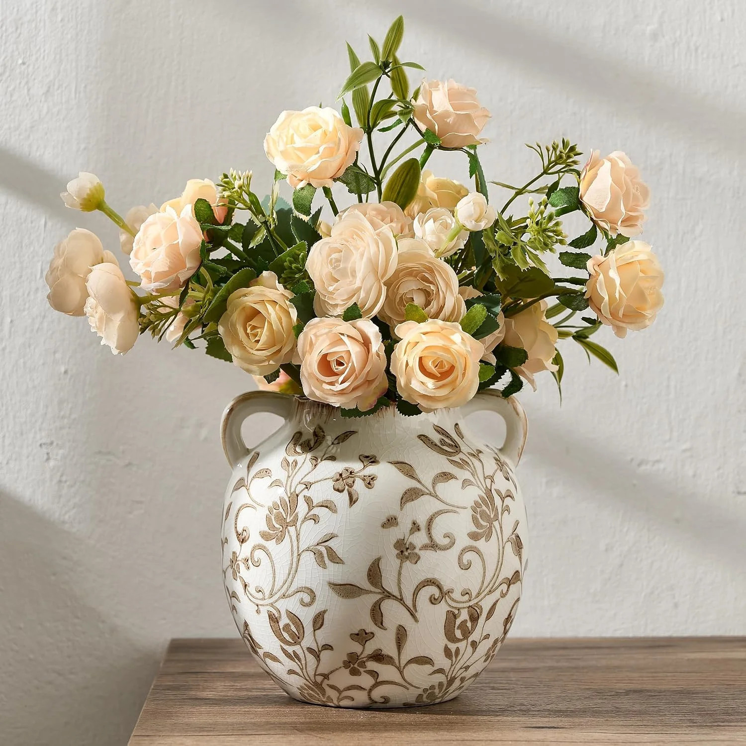 Brown Vintage Antique 5.6 Inch Chinoiserie Floral Ceramic Vase for Home Decor, Living Room, Bookshelf, Office, Entryway, Garden, Rustic Tuscan Style - Walmart.com | Walmart (US)