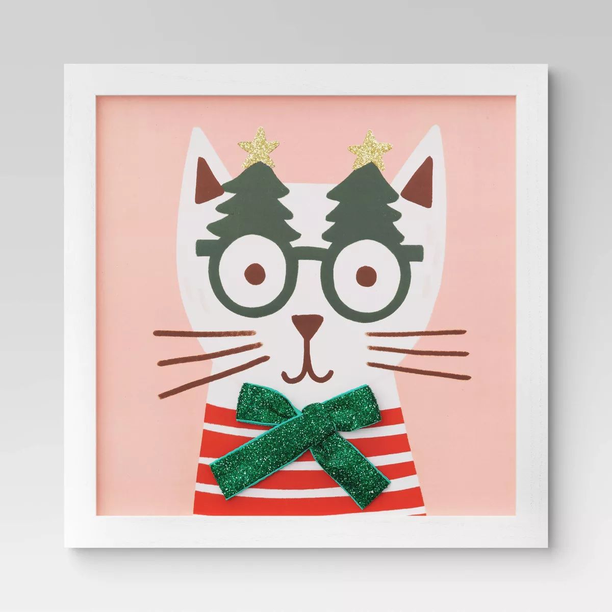 12"x12" Cat Wearing Glasses Christmas Wood Wall Art Pink/White - Wondershop™ | Target