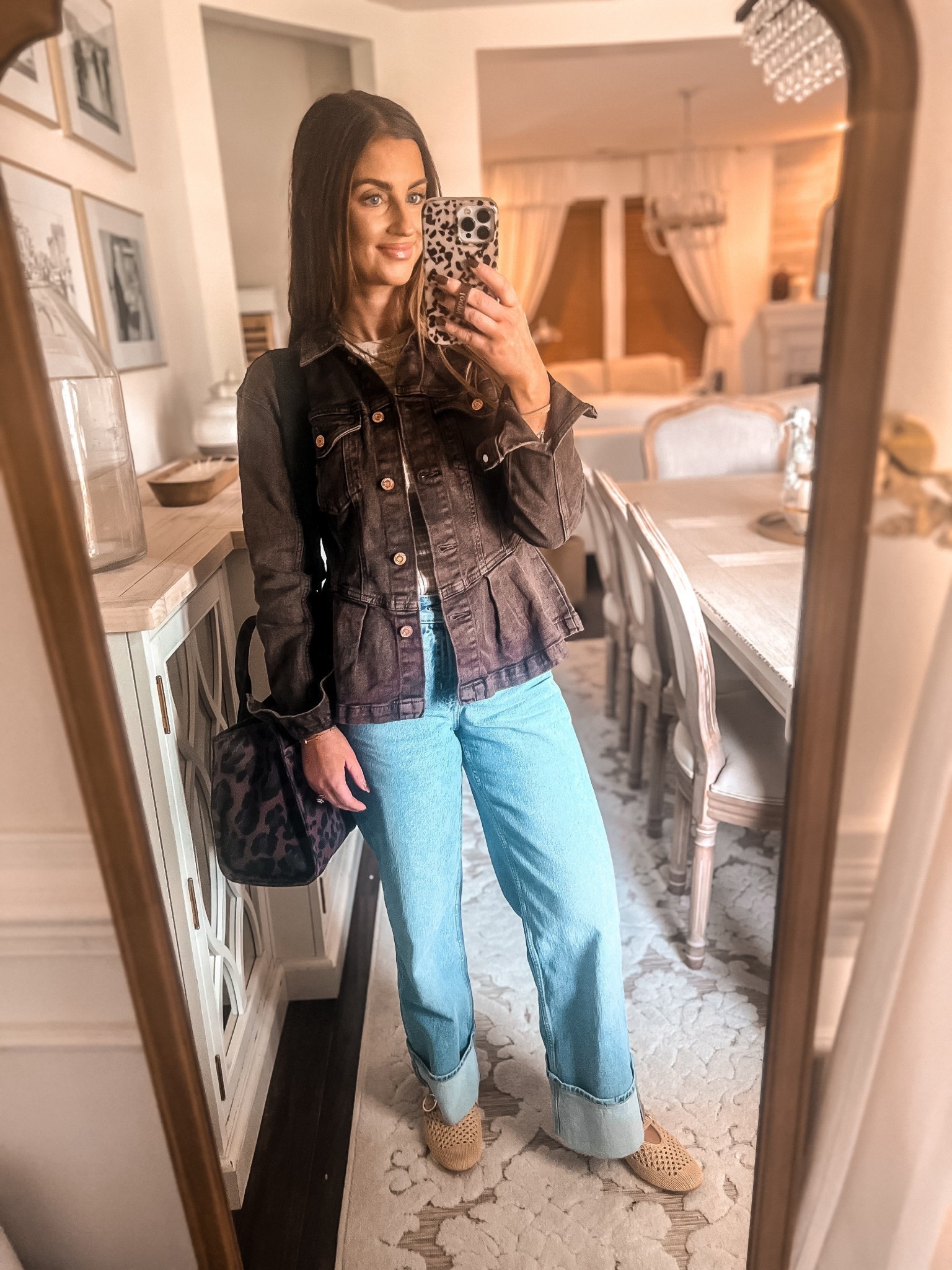 Brown denim peplum jacket with gold buttons-small
High waisted folded jeans
Coach dark leopard tote bag 
Cream mesh crocheted flats