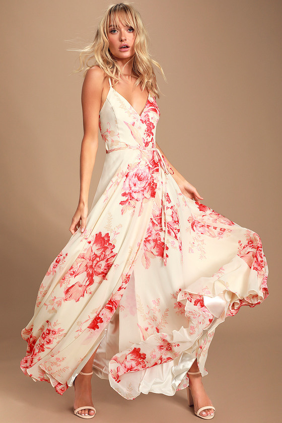 Elegantly Inclined Cream and Coral Floral Print Wrap Maxi Dress | Lulus (US)