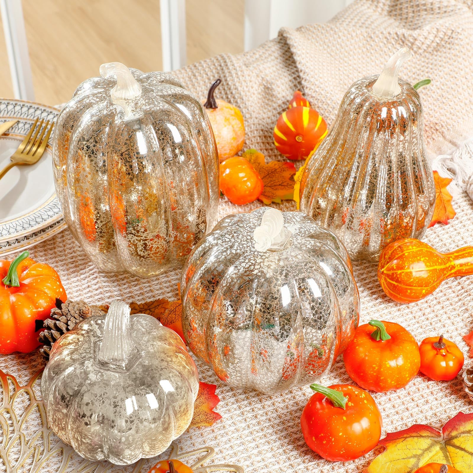4 Pack Glass Pumpkin with Lights and Timer 4 Size Lighted Mercury Glass Pumpkins for Fall Hallowe... | Amazon (US)