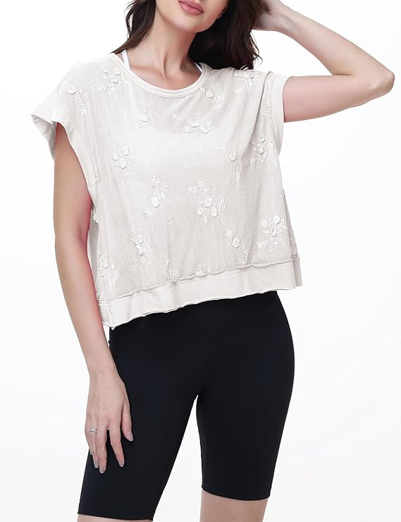 Womne's Open Back Workout Tops Lace Short Sleeve Cropped Athletic Clothes Gym Running Yoga Low Im... | Amazon (US)