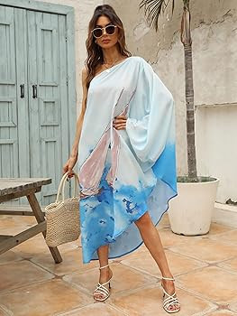 Chunoy Women One Shoulder Loose Caftan Sleeve Asymmetric Hemline Flowy Kaftan Long Cover Up Dress | Amazon (US)