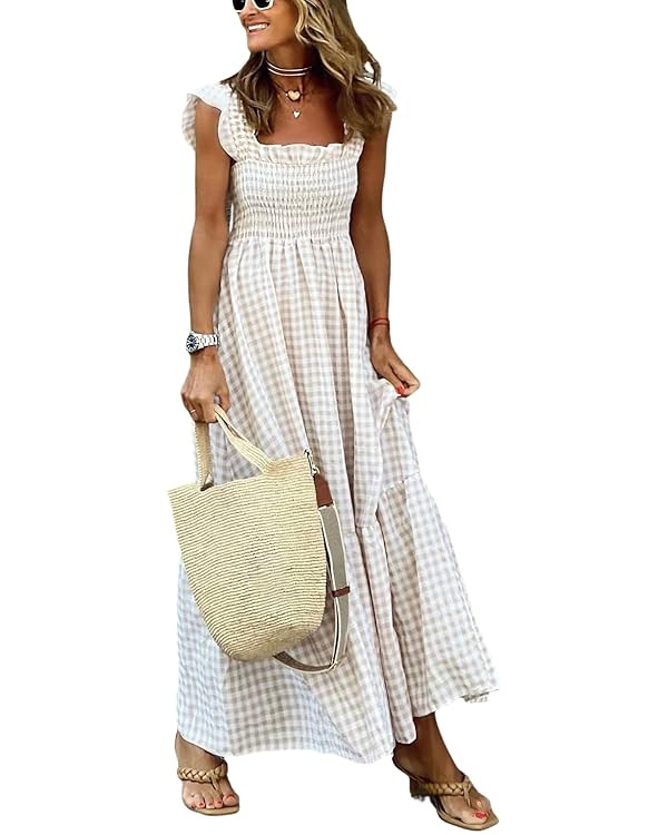chouyatou Women's Retro Plaid Smocked Dress Spaghetti Strap Flounce Long Dress | Amazon (US)