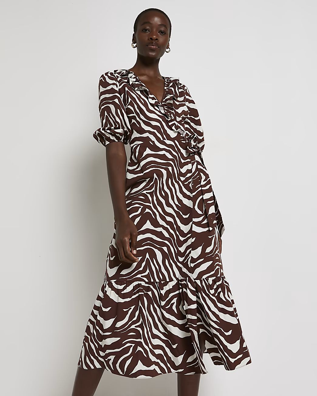 Brown animal print wrap midi dress | River Island (UK & IE)