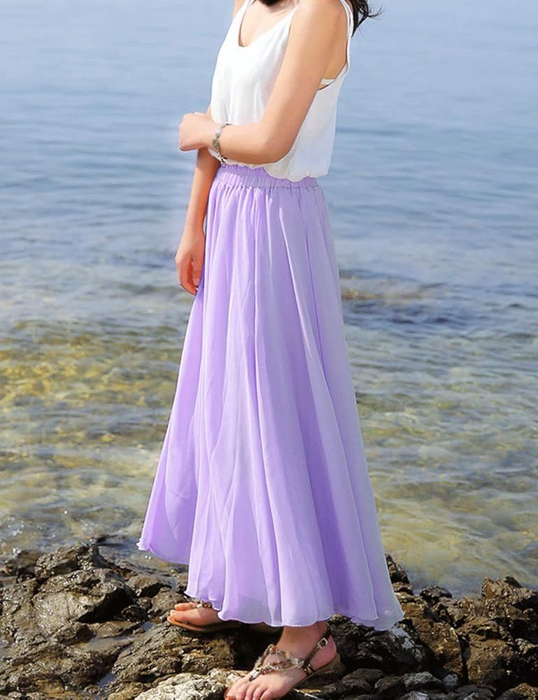 Joukavor Women's Chiffon Maxi Long Skirt Casual Flowy Pleated Skirts | Amazon (US)