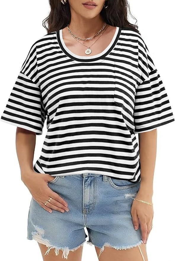 Womens Striped Shirts Oversized Short Sleeve Tops Summer Casual Blouses Loose Fit Tunic Tops 2025 | Amazon (US)
