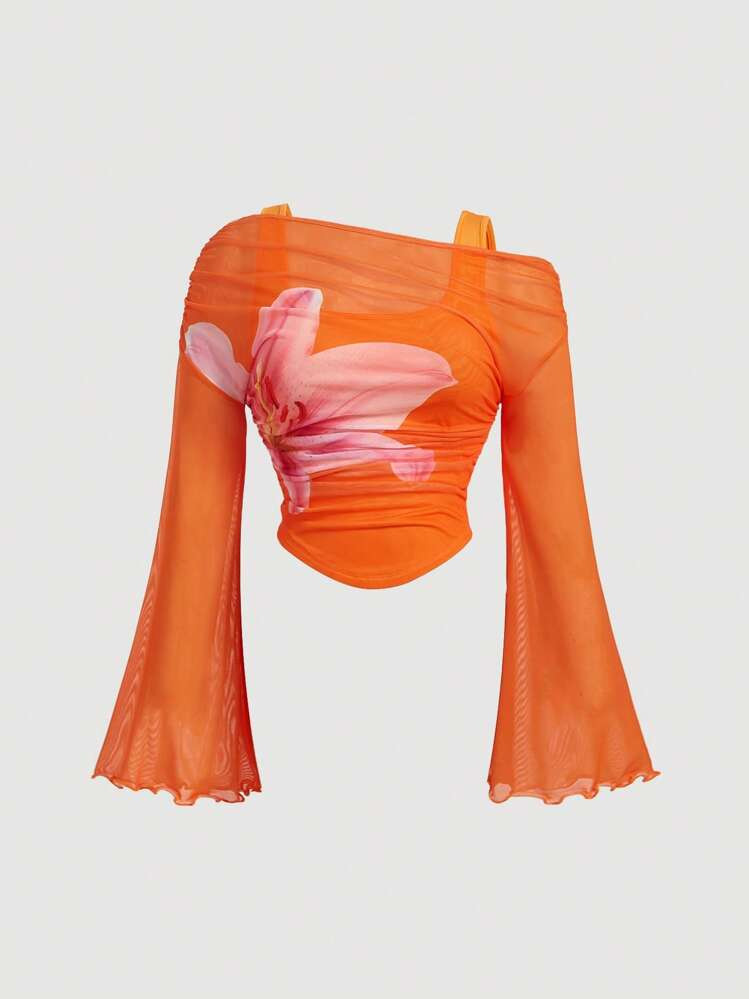 SHEIN MOD Plus Size Fitted Mesh Floral Print Cream T-Shirt For Women, Suitable For Date, Party, Casual And Work,Valentine Day Women S Summer Shirts Women Summer Clothing Women Summer Sets Women S 2 Pieces Outfits Tops With Sleeves | SHEIN