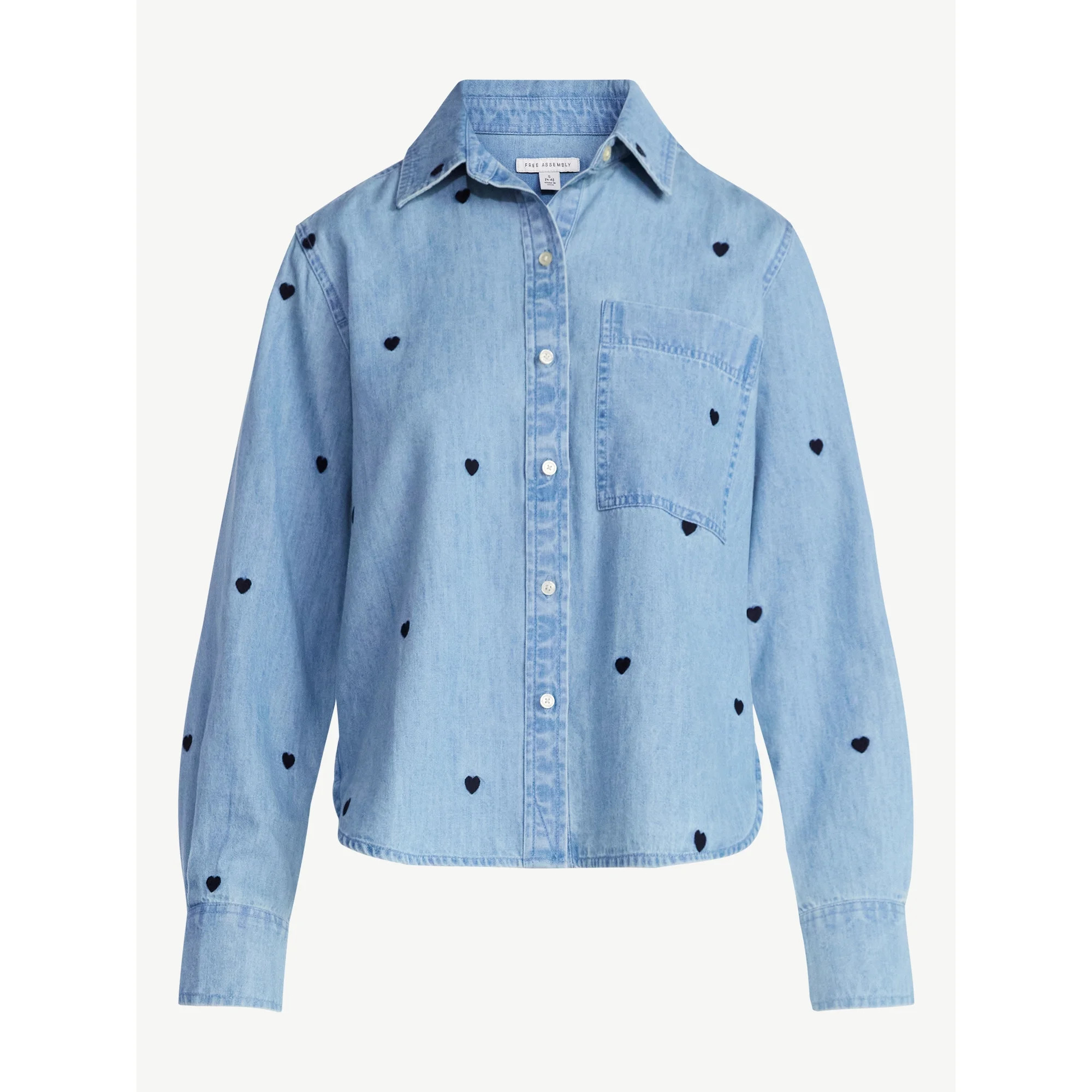 Free Assembly Women's and Women’s Plus Embroidered Hearts Denim Shirt with Long Sleeves, Sizes ... | Walmart (US)