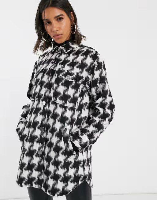 River Island houndstooth check overshirt jacket in beige | ASOS (Global)