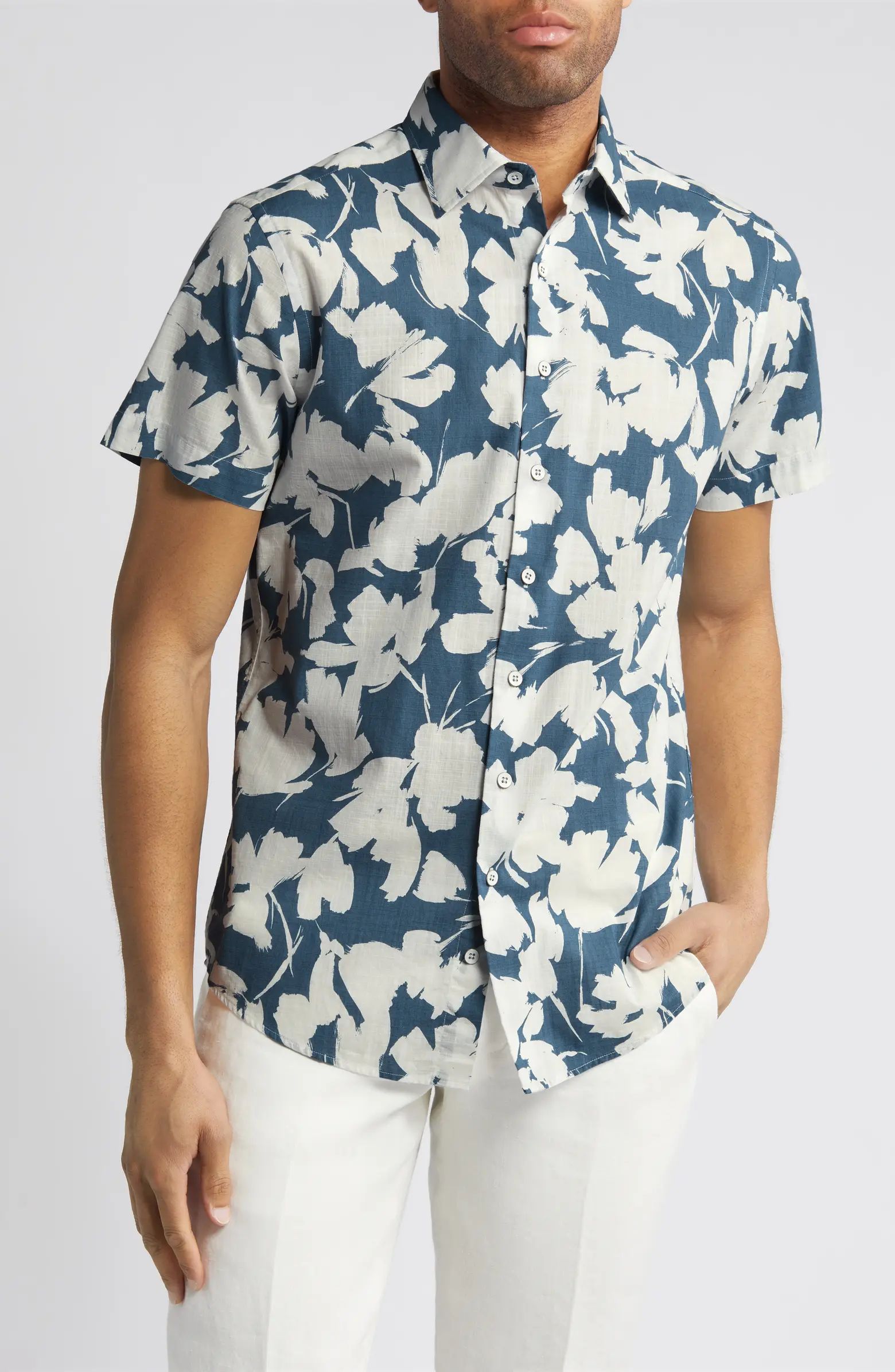 Everton Terrace Sport Fit Floral Short Sleeve Cotton Button-Up Shirt | Nordstrom