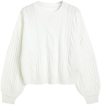 ZAFUL Women's Solid Knit Cable Sweater Casual Long Lantern Sleeve Pullover Crew Neck Knitted Tops | Amazon (US)
