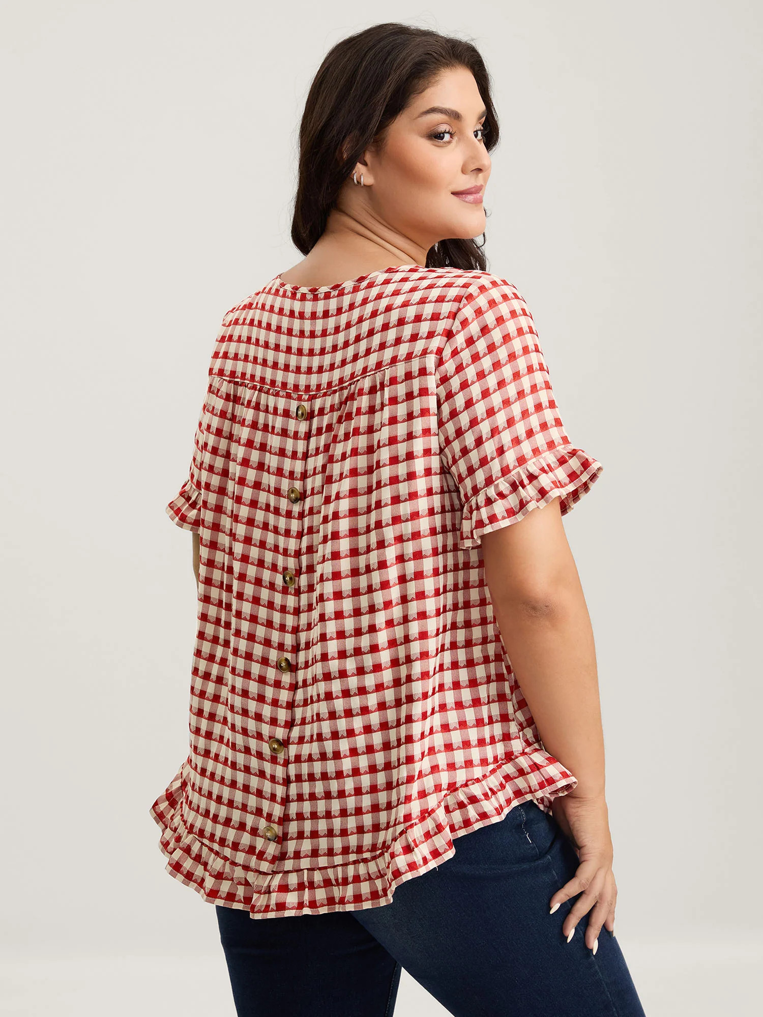 Gingham Print Button Back Blouse | Bloomchic
